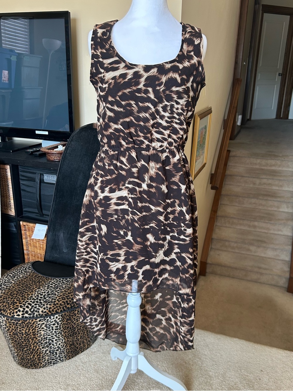 indulge Brown Leopard Print High-Low Sleeveless Dress with elastic waistband